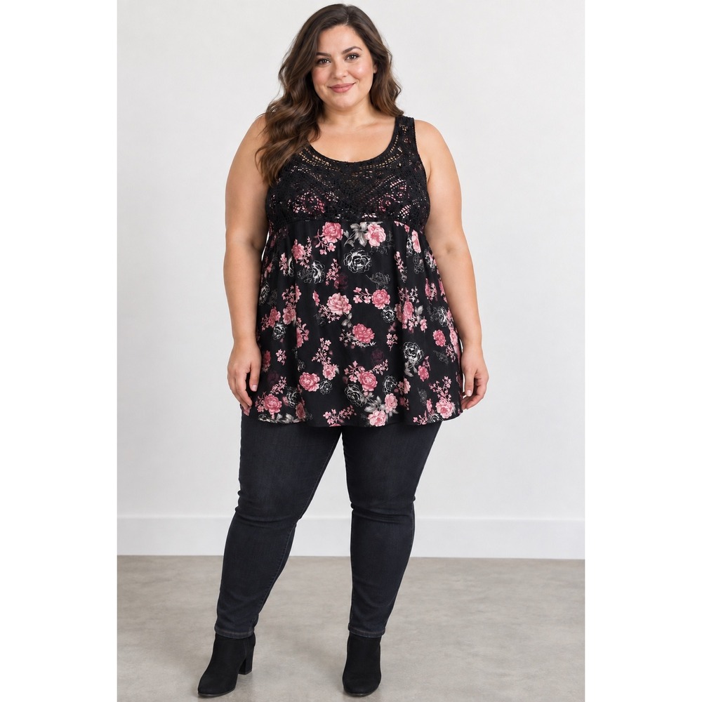 Torrid Black Floral Crochet Lace Trim Sleeveless Babydoll Tank Top Size 3 Plus
